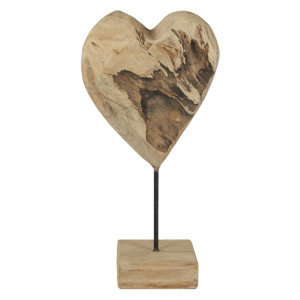 Sculpture Artisanale H. 39 cm Cœur en Bois de Teck Massif avec Socle en Bois - Naturel et Exotique - JUDITH 1