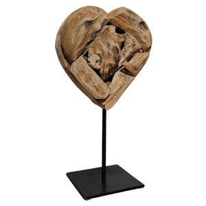 Sculpture Artisanale H. 28 cm Cœur en Bois de Teck Massif Socle en Métal Noir - Naturel et Exotique - JUDITH 2