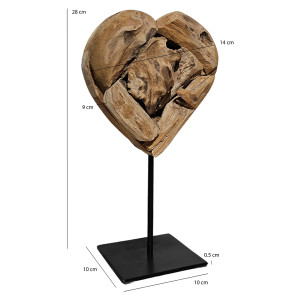 Sculpture Artisanale H. 28 cm Cœur en Bois de Teck Massif Socle en Métal Noir - Naturel et Exotique - JUDITH 2