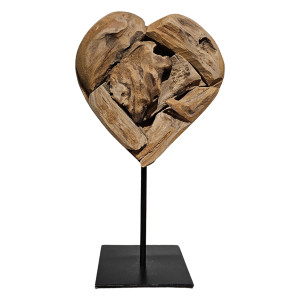 Sculpture Artisanale H. 28 cm Cœur en Bois de Teck Massif Socle en Métal Noir - Naturel et Exotique - JUDITH 2