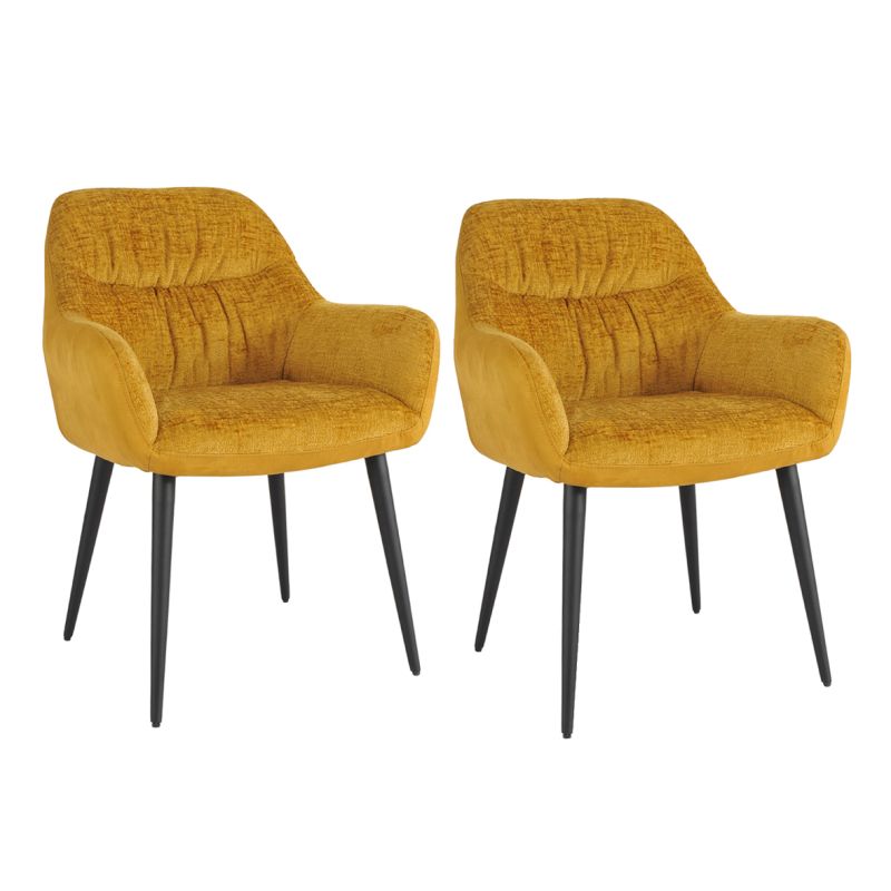 Lot de 2 chaises de repas avec accoudoirs en microfibre texturé doux couleur jaune moutarde et pieds métal noir - ATLANTA