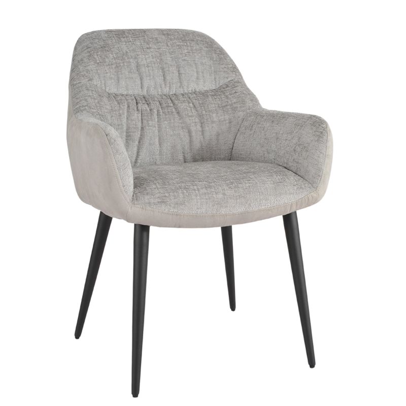 Chaise de repas avec accoudoirs en microfibre texturé doux couleur gris clair et pieds métal noir - ATLANTA