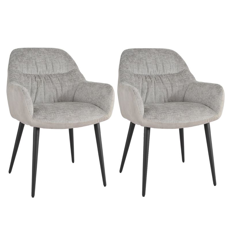 Lot de 2 chaises de repas avec accoudoirs en microfibre texturé doux couleur gris clair et pieds métal noir - ATLANTA