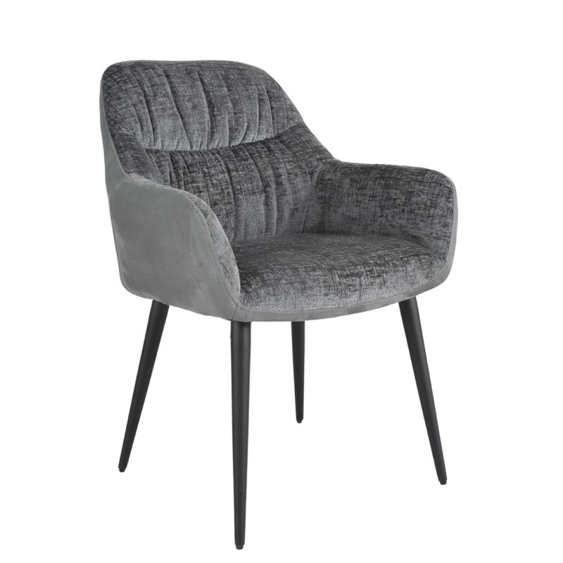 Chaise de repas fauteuil avec accoudoirs en microfibre texturé doux couleur gris anthracite et pieds métal noir - ATLANTA