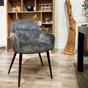 Chaise de repas fauteuil avec accoudoirs en microfibre texturé doux couleur gris anthracite et pieds métal noir - ATLANTA