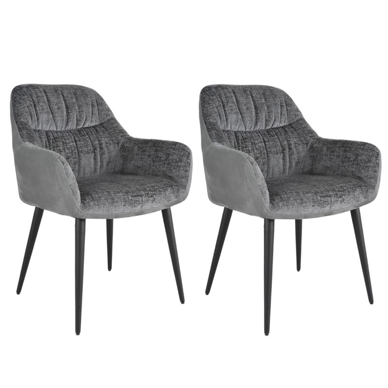 Lot de 2 chaises de repas avec accoudoirs en microfibre texturé doux couleur gris anthracite et pieds métal noir - ATLANTA