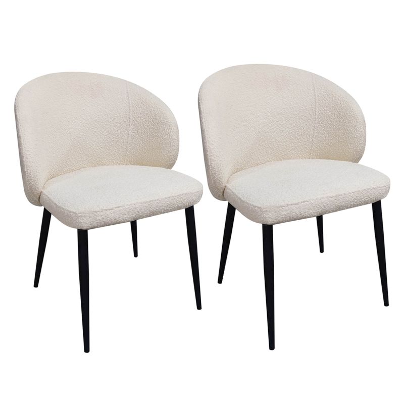 Lot de 2 chaises de repas en tissu bouclette imitation laine de mouton couleur blanc écru et pieds métal noir – SYRACUSE