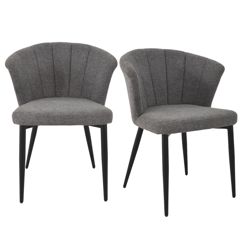 Lot de 2 chaises de repas dossier fauteuils forme de coquillage en tissu gris anthracite et pieds métal noir – MONTREAL