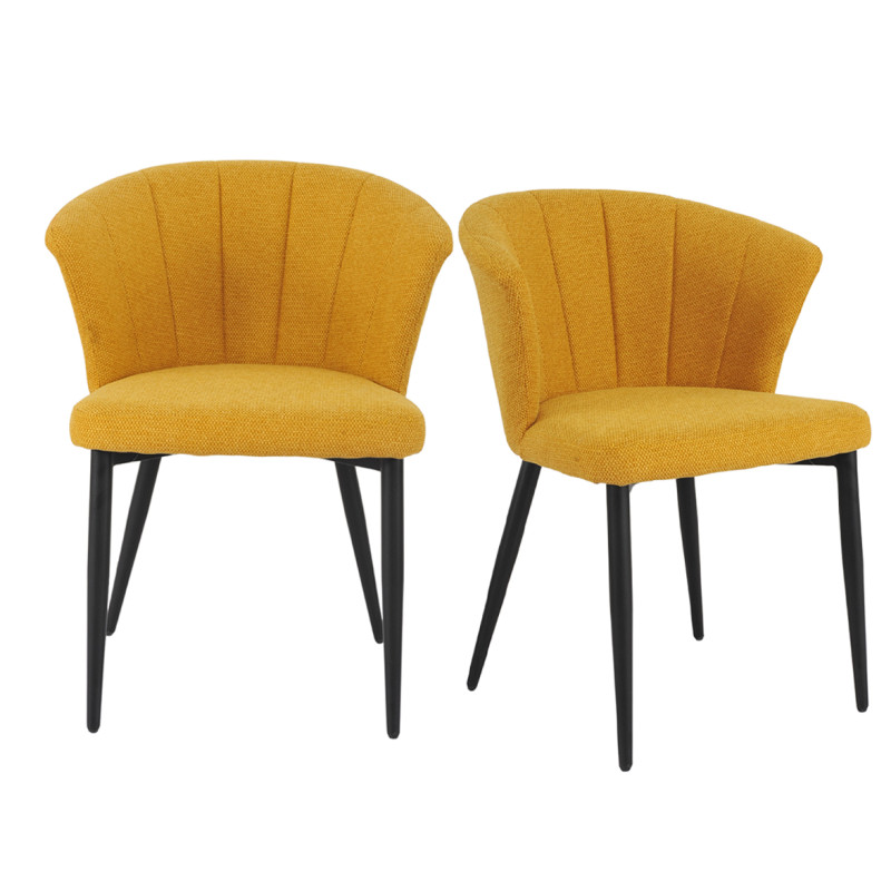 Lot de 2 chaises de repas fauteuils dossier forme de coquillage en tissu jaune moutarde et pieds métal noir – MONTREAL