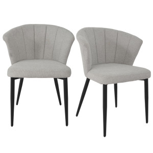 Lot de 2 chaises de repas fauteuils dossier forme de coquillage en tissu gris clair et pieds métal noir – MONTREAL