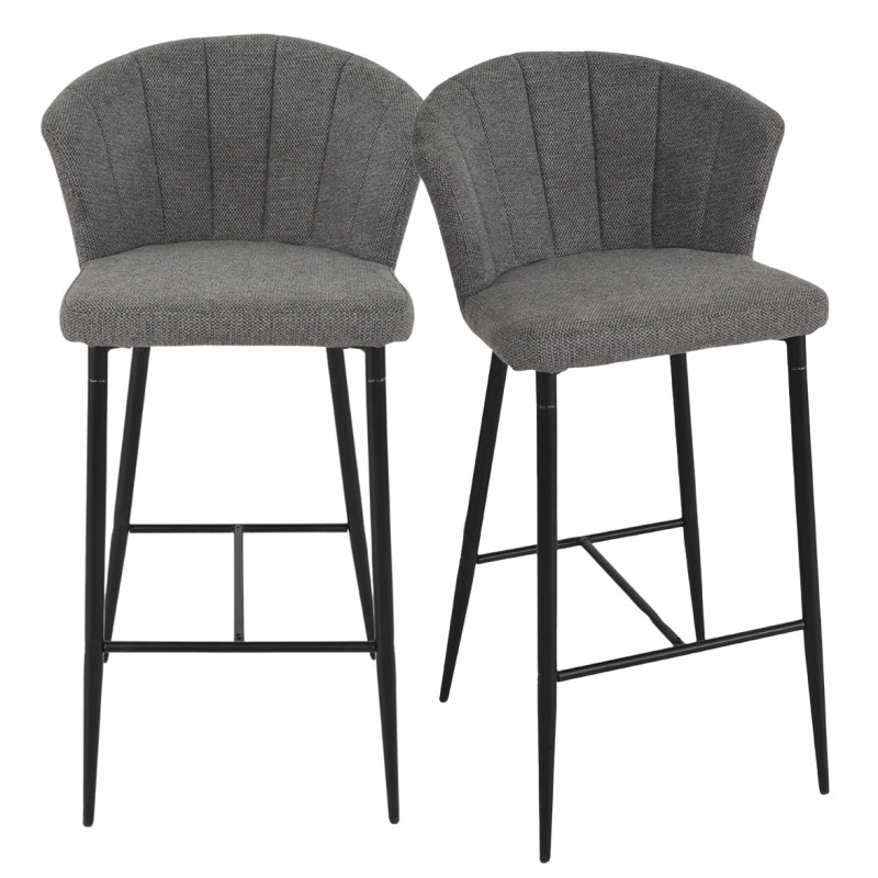 Lot de 2 chaises de bar H. 105 cm dossier forme de coquillage en tissu gris anthracite piètement métal noir  – MONTREAL