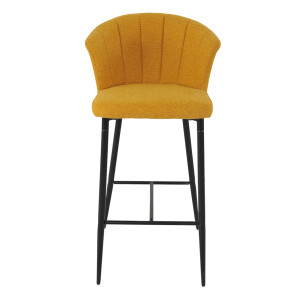 Chaise de bar H. 105 cm dossier forme de coquillage en tissu jaune moutarde avec piètement et repose-pieds métal noir – MONTREAL