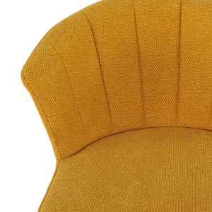 Chaise de bar H. 105 cm dossier forme de coquillage en tissu jaune moutarde avec piètement et repose-pieds métal noir – MONTREAL