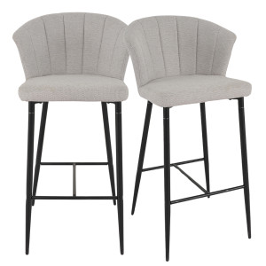 Lot de 2 chaises de bar H. 105 cm dossier forme de coquillage en tissu gris clair avec piètement métal noir – MONTREAL