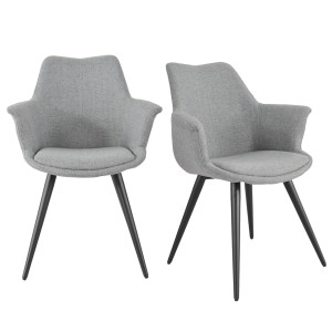 Lot de 2 chaises de repas avec accoudoirs en tissu gris clair et pieds métal noir – style contemporain – CALGARY