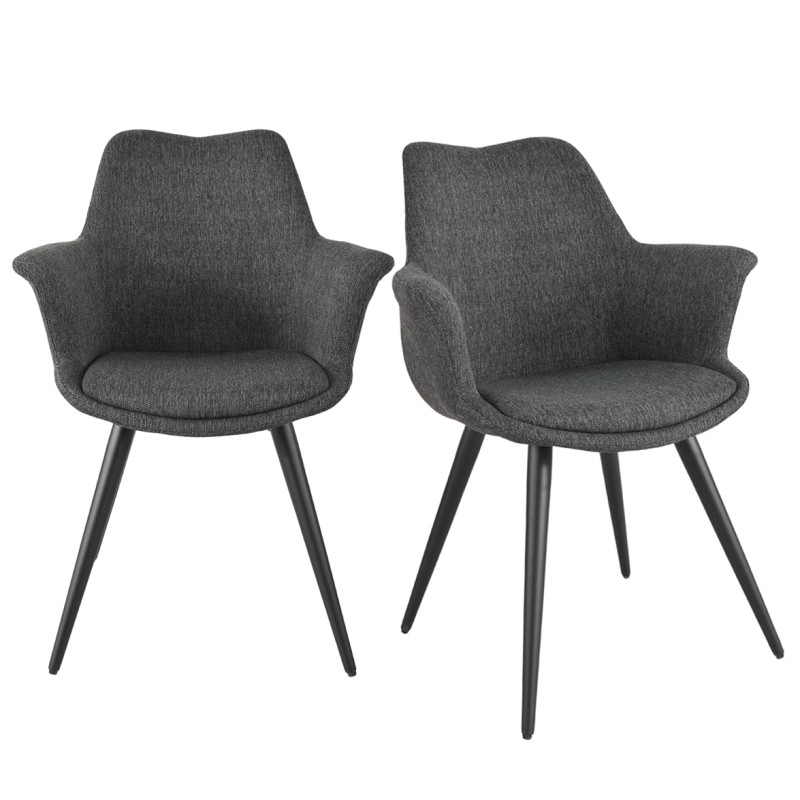 Lot de 2 chaises de repas avec accoudoirs en tissu gris anthracite et pieds métal noir – style contemporain – CALGARY