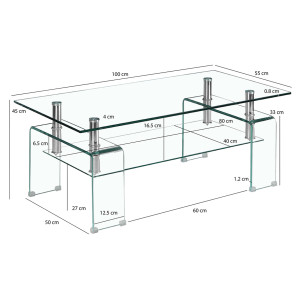 Table Basse Rectangulaire L. 100 cm avec 2 Plateaux en Verre Trempé et Piètement Arc - Design Minimaliste et Contemporain - ICE