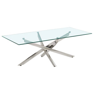 Table Basse Rectangulaire L. 120 cm en Verre Trempé avec Piètement Croisé Étoile en Métal Chromé - Design Minimaliste - ICE