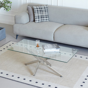 Table Basse Rectangulaire L. 120 cm en Verre Trempé avec Piètement Croisé Étoile en Métal Chromé - Design Minimaliste - ICE