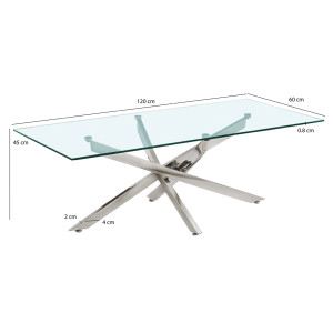 Table Basse Rectangulaire L. 120 cm en Verre Trempé avec Piètement Croisé Étoile en Métal Chromé - Design Minimaliste - ICE