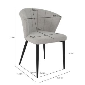 Lot de 2 chaises de repas fauteuils dossier forme de coquillage en tissu gris clair et pieds métal noir – MONTREAL