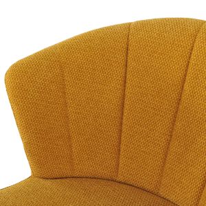 Chaise de bar H. 105 cm dossier forme de coquillage en tissu jaune moutarde avec piètement et repose-pieds métal noir – MONTREAL