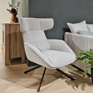 Fauteuil Pivotant 360° en Tissu Velours Chiné Écru avec Piètement en Métal Noir - Design Minimaliste et Contemporain - ANTONIO