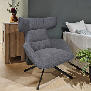 Fauteuil Pivotant 360° en Tissu Velours Chiné Gris avec Piètement en Métal Noir - Design Minimaliste et Contemporain - ANTONIO