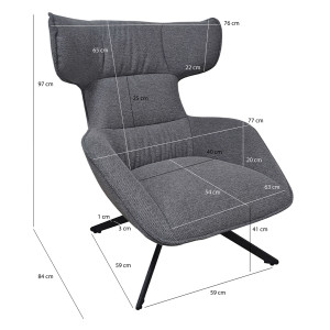 Fauteuil Pivotant 360° en Tissu Velours Chiné Gris avec Piètement en Métal Noir - Design Minimaliste et Contemporain - ANTONIO