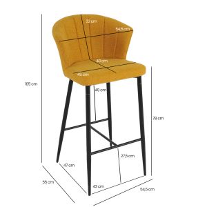 Lot de 2 chaises de bar H. 105 cm dossier forme de coquillage en tissu jaune moutarde piètement métal noir – MONTREAL