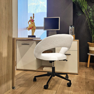 Fauteuil de Bureau Pivotant 360° en Tissu Bouclette Écru et Piètement avec Roulettes Noir - Design Contemporain - MARTY