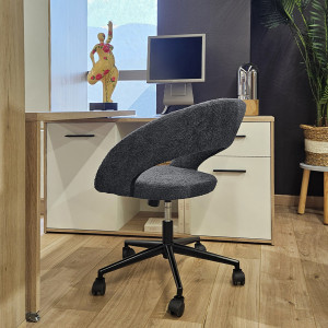 Fauteuil de Bureau Pivotant 360° en Tissu Bouclette Gris et Piètement avec Roulettes Noir - Design Contemporain - MARTY