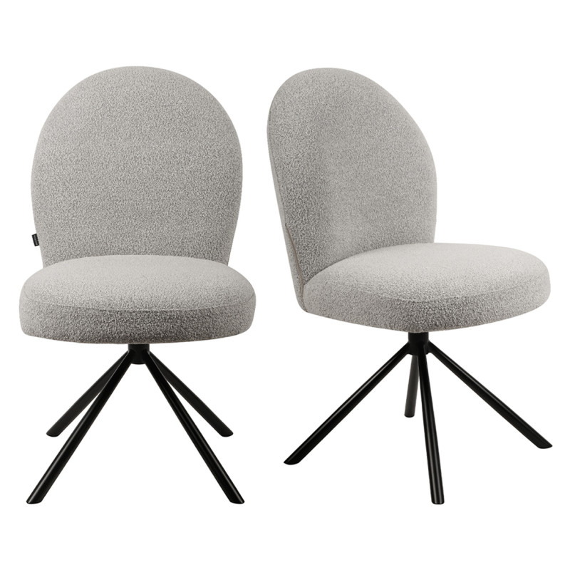 Lot de 2 Chaises de Repas Rotatives 180° en Tissu Bouclette Gris avec Piètement en Métal Noir - Design Contemporain - JULIEN