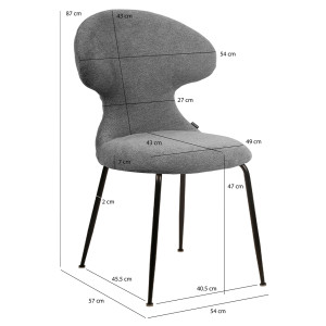 Chaise de Repas de Repas en Tissu Doux Gris avec Piètement en Métal Noir - Design Minimaliste et Contemporain - GLORIA