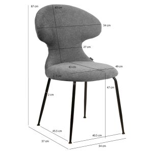 Lot de 2 Chaises de Repas en Tissu Doux Gris avec Piètement en Métal Noir - Design Minimaliste et Contemporain - GLORIA