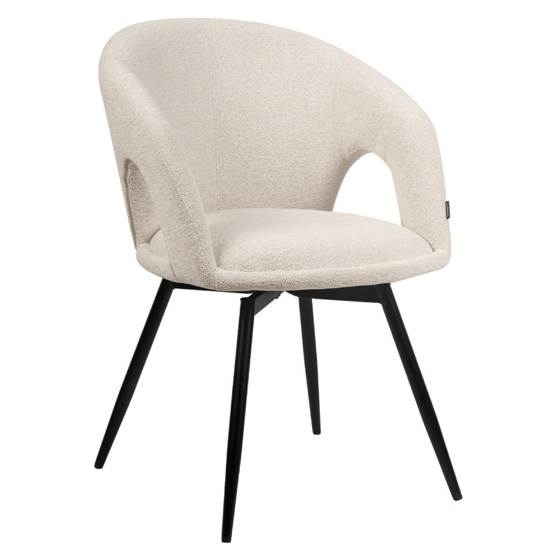 Chaise de Repas Rotative 180° en Tissu Doux Beige avec Accoudoirs et Piètement en Métal Noir - Design Contemporain - ALEX