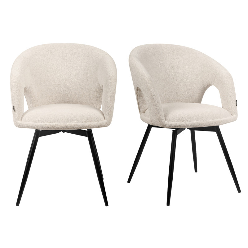 Lot de 2 Chaises de Repas Rotatives 180° en Tissu Doux Beige avec Accoudoirs et Piètement en Métal Noir - ALEX