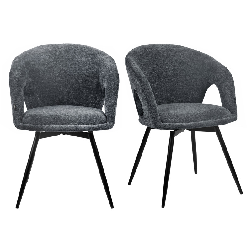 Lot de 2 Chaises de Repas Rotatives 180° en Tissu Doux Gris avec Accoudoirs et Piètement en Métal Noir - ALEX