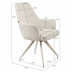 Chaise de Repas Rotative 180° en Tissu Doux Capitonné Écru avec Accoudoirs et Piètement en Métal Écru - RICO