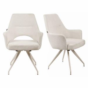 Lot de 2 Chaises de Repas Rotatives 180° en Tissu Doux Capitonné Écru avec Accoudoirs et Piètement en Métal Noir - RICO