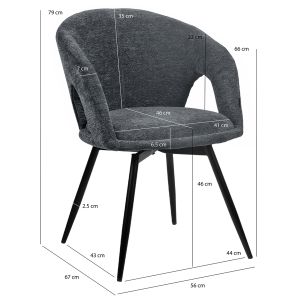 Lot de 2 Chaises de Repas Rotatives 180° en Tissu Doux Gris avec Accoudoirs et Piètement en Métal Noir - ALEX