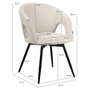 Lot de 2 Chaises de Repas Rotatives 180° en Tissu Doux Beige avec Accoudoirs et Piètement en Métal Noir - ALEX