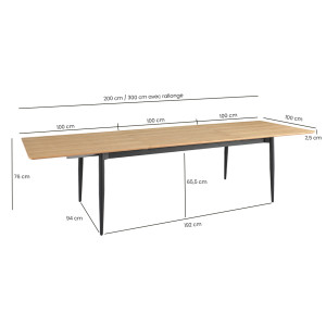 Table de repas extensible  200 à 300 cm plateau placage bois de frêne et pieds ronds métal noir - JOLENE