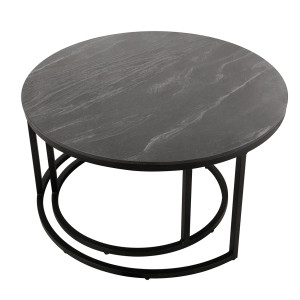 2 Tables basses Gigognes rondes en céramique gris anthracite et pied métal noir - OXY