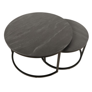 2 Tables basses Gigognes rondes en céramique gris anthracite et pied métal noir - OXY