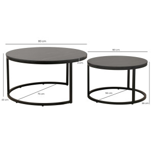 2 Tables basses Gigognes rondes en céramique gris anthracite et pied métal noir - OXY