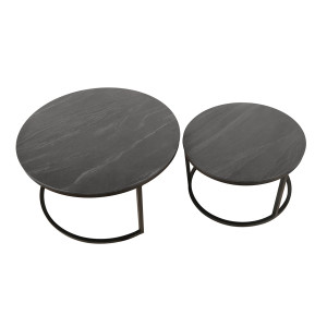 2 Tables basses Gigognes rondes en céramique gris anthracite et pied métal noir - OXY