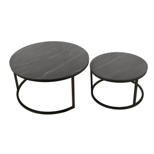 2 Tables basses Gigognes rondes en céramique gris anthracite et pied métal noir - OXY