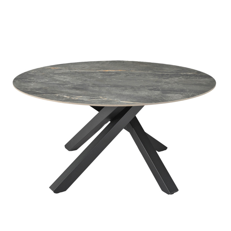 Table de repas ronde 150 cm céramique gris marbré cuivré finition laquée pieds croisés métal noir - RUBY