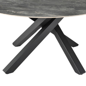 Table de repas ronde 150 cm céramique gris marbré cuivré finition laquée pieds croisés métal noir - RUBY